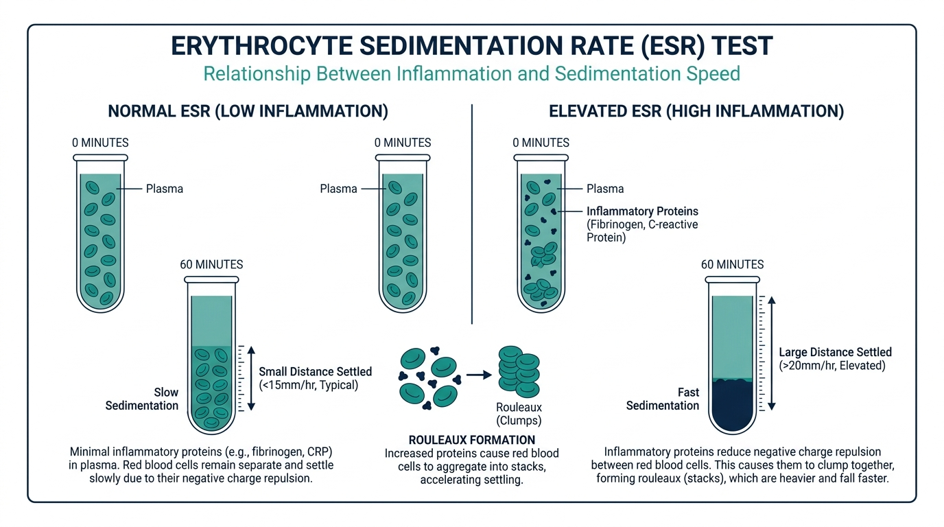 Diagram of the ESR test showing red blood cells settling in a tube, faster settling linked to inflammatory proteins