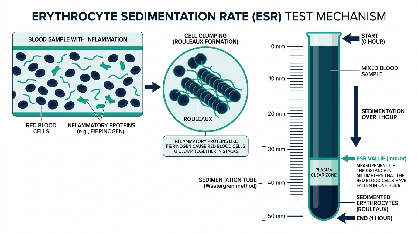 Diagram of the ESR test mechanism showing fibrinogen causing red blood cells to clump and settle in a tube over one hour