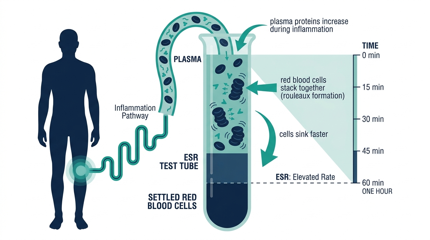 Diagram showing how inflammation causes red blood cells to stack together (rouleaux formation) and settle faster in the ESR blood test