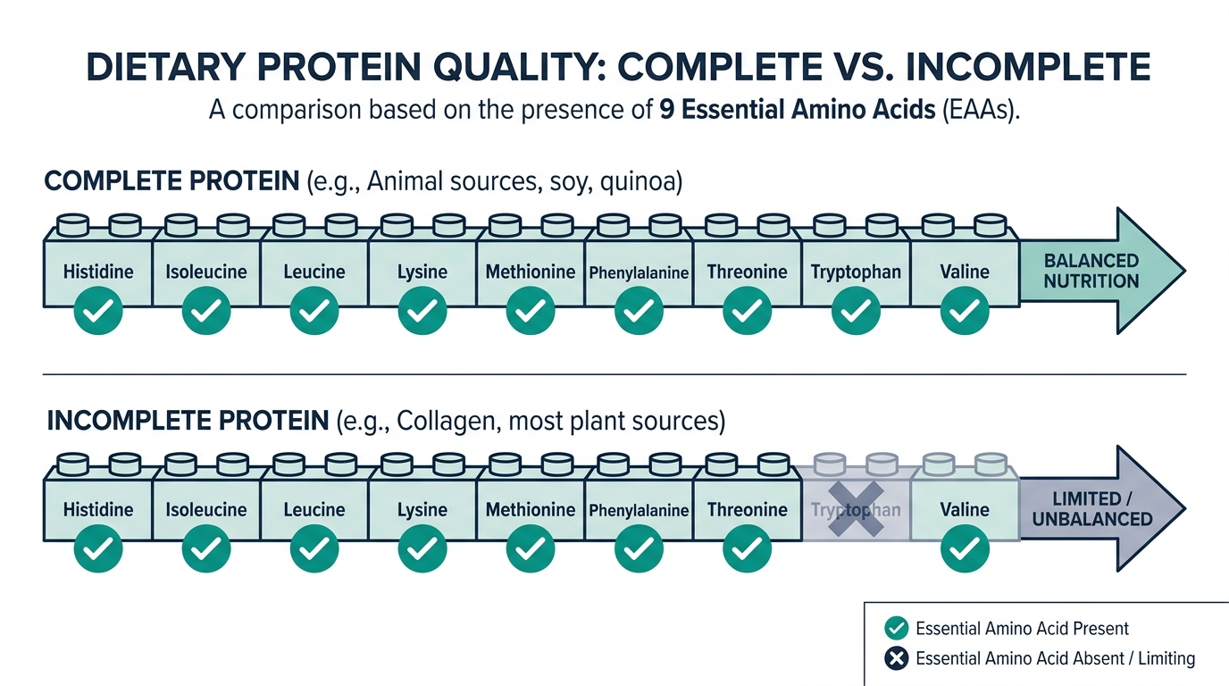 Diagram of the nine essential amino acids showing which ones collagen peptides contain and which essential amino acid, tryptophan, they lack