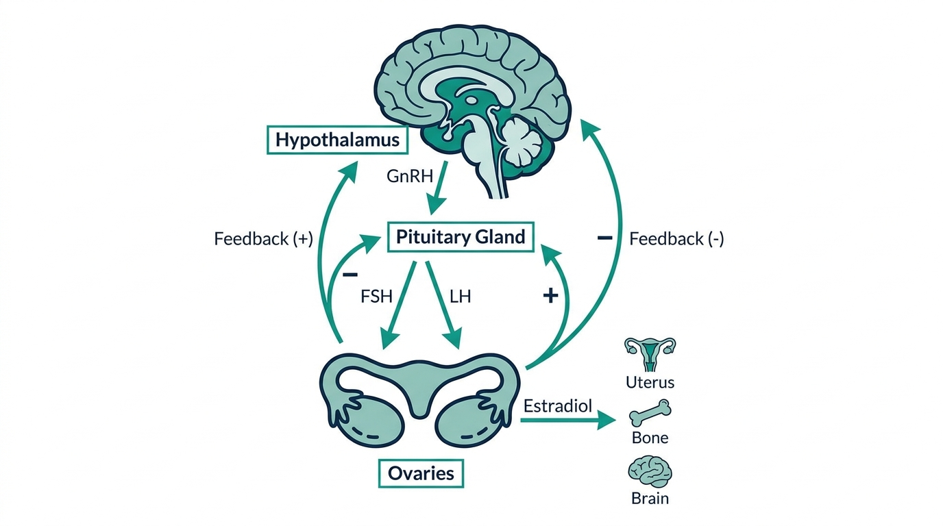Diagram of the hypothalamic-pituitary-ovarian axis showing GnRH, FSH, and LH signaling that drives ovarian estradiol production