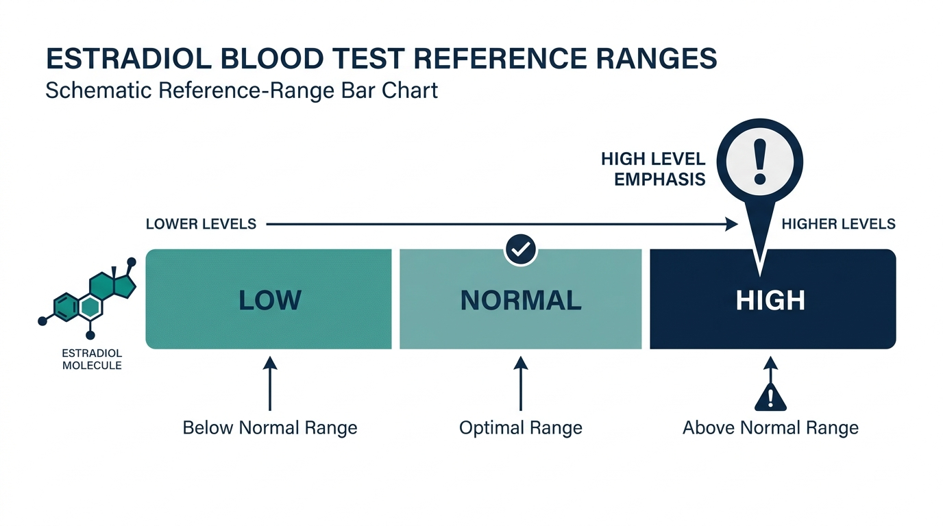Schematic reference range chart highlighting the high band for estradiol blood test results