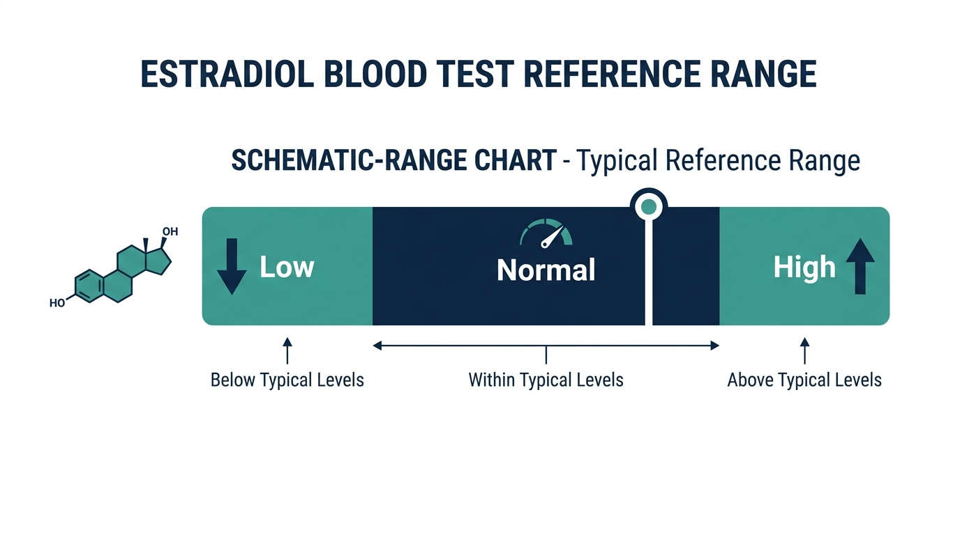 Schematic reference range chart showing low, normal, and high bands for estradiol blood test results