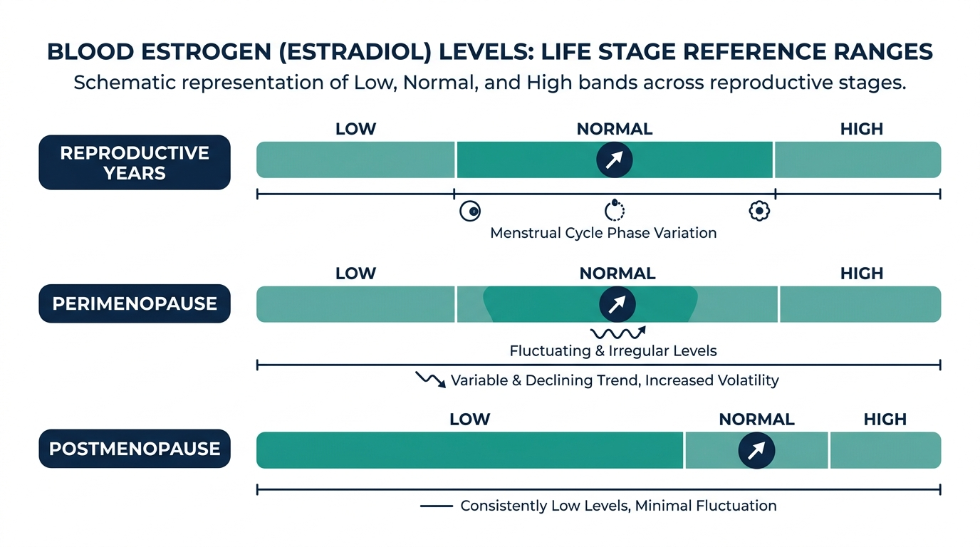 Schematic reference range charts for blood estrogen levels across reproductive years, perimenopause, and postmenopause