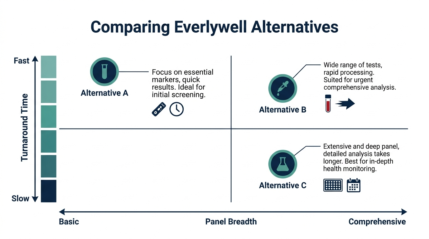 Quadrant chart comparing Everlywell alternatives by panel breadth and turnaround time