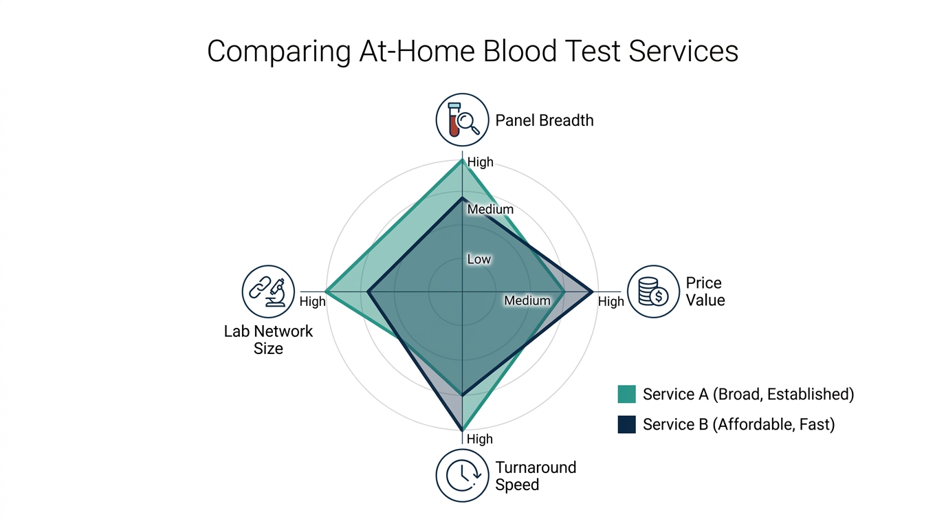 Radar chart comparing at-home blood test services across panel breadth, price, turnaround, and lab network