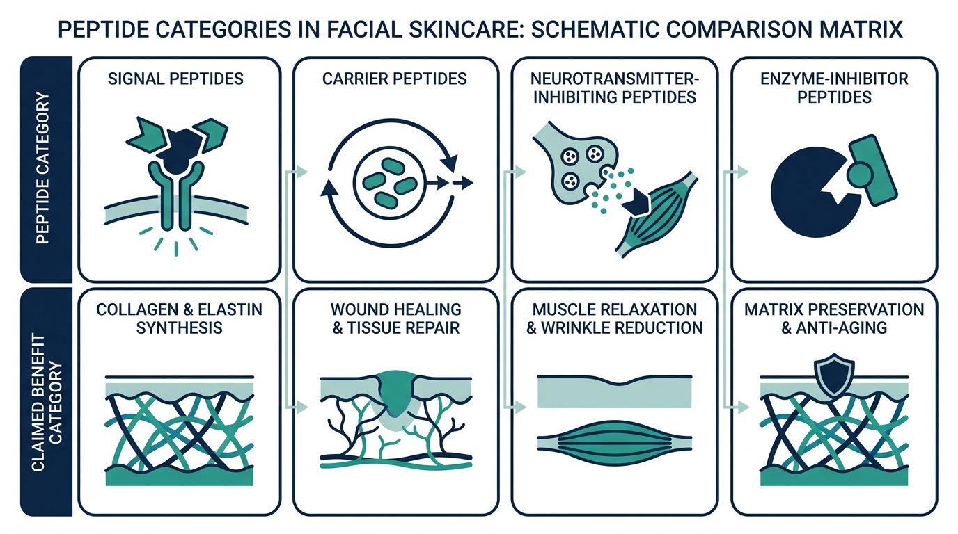 Matrix chart comparing signal, carrier, neurotransmitter-inhibiting, and enzyme-inhibitor peptides used in face skincare by claimed benefit