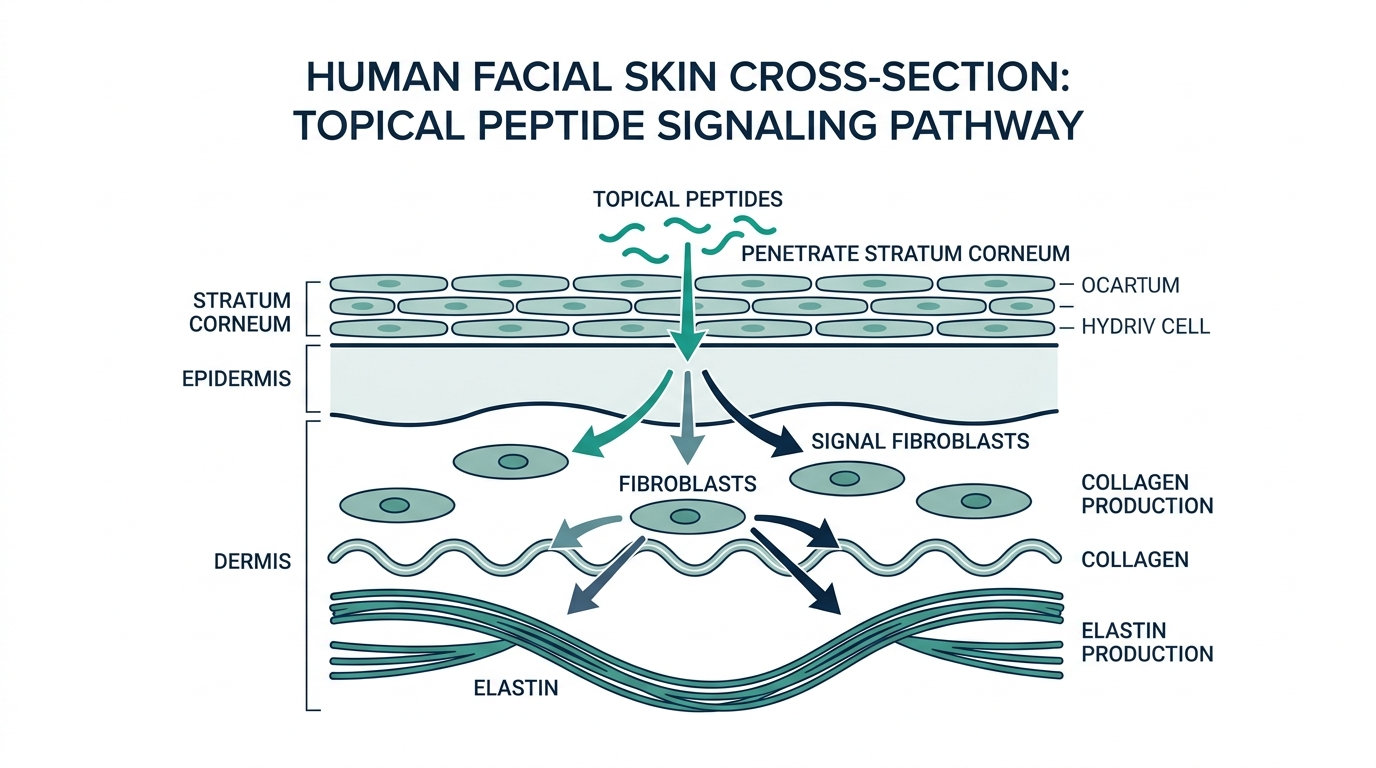 Cross-section diagram of facial skin showing peptides penetrating the epidermis and signaling fibroblasts in the dermis to produce collagen and elastin