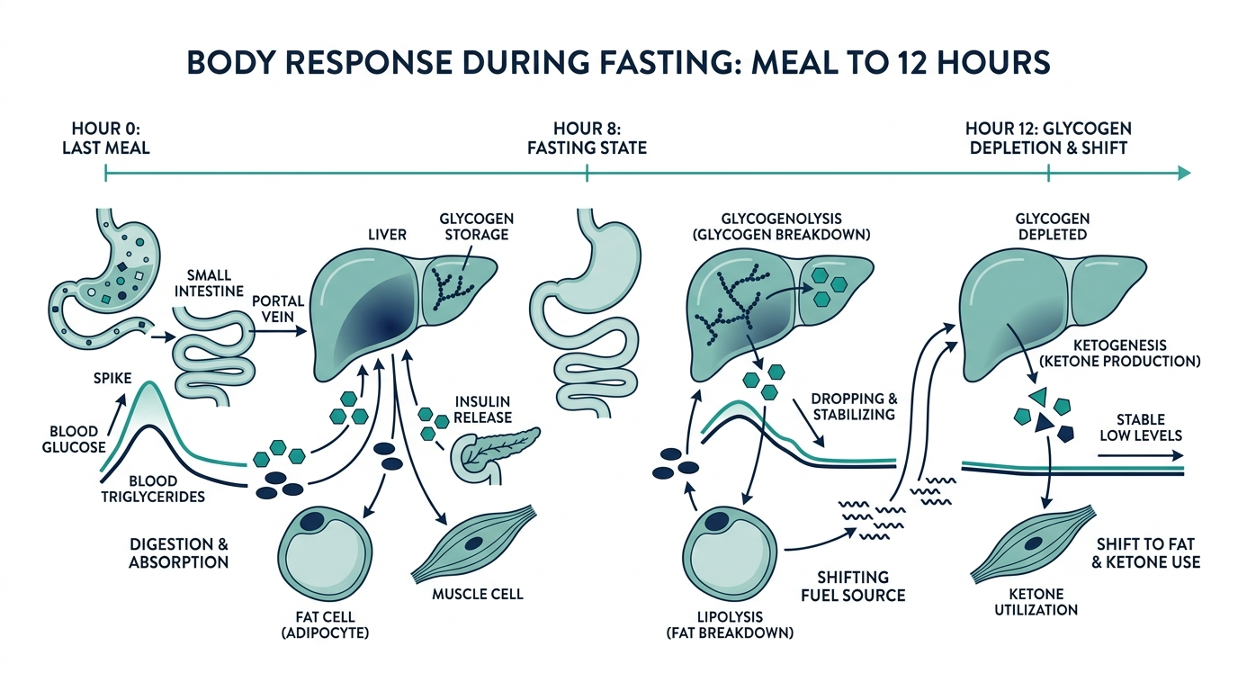 Timeline diagram showing blood glucose and triglycerides stabilizing during 8 to 12 hours of fasting