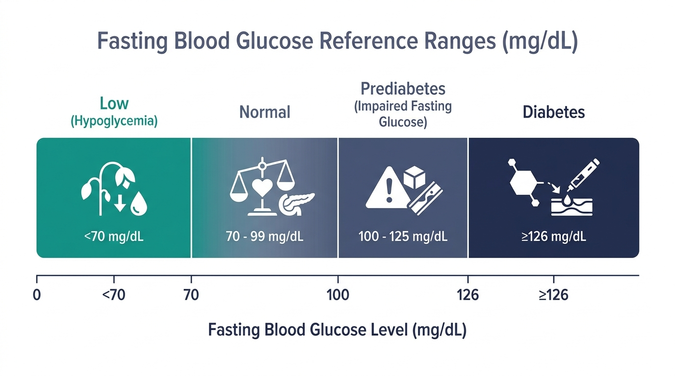 Schematic reference range chart for fasting blood glucose showing low, normal, prediabetes, and diabetes bands