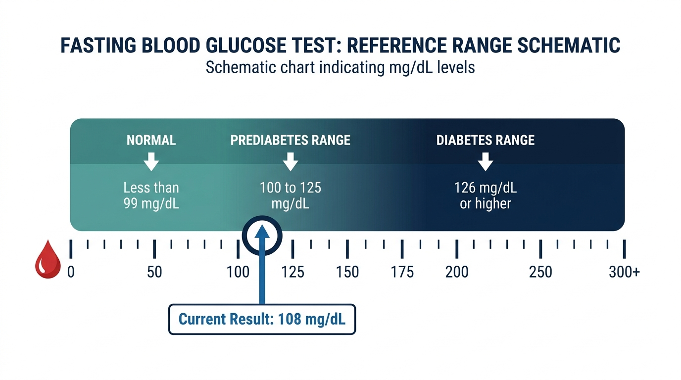 Reference range chart showing normal, prediabetes, and diabetes bands for fasting blood glucose