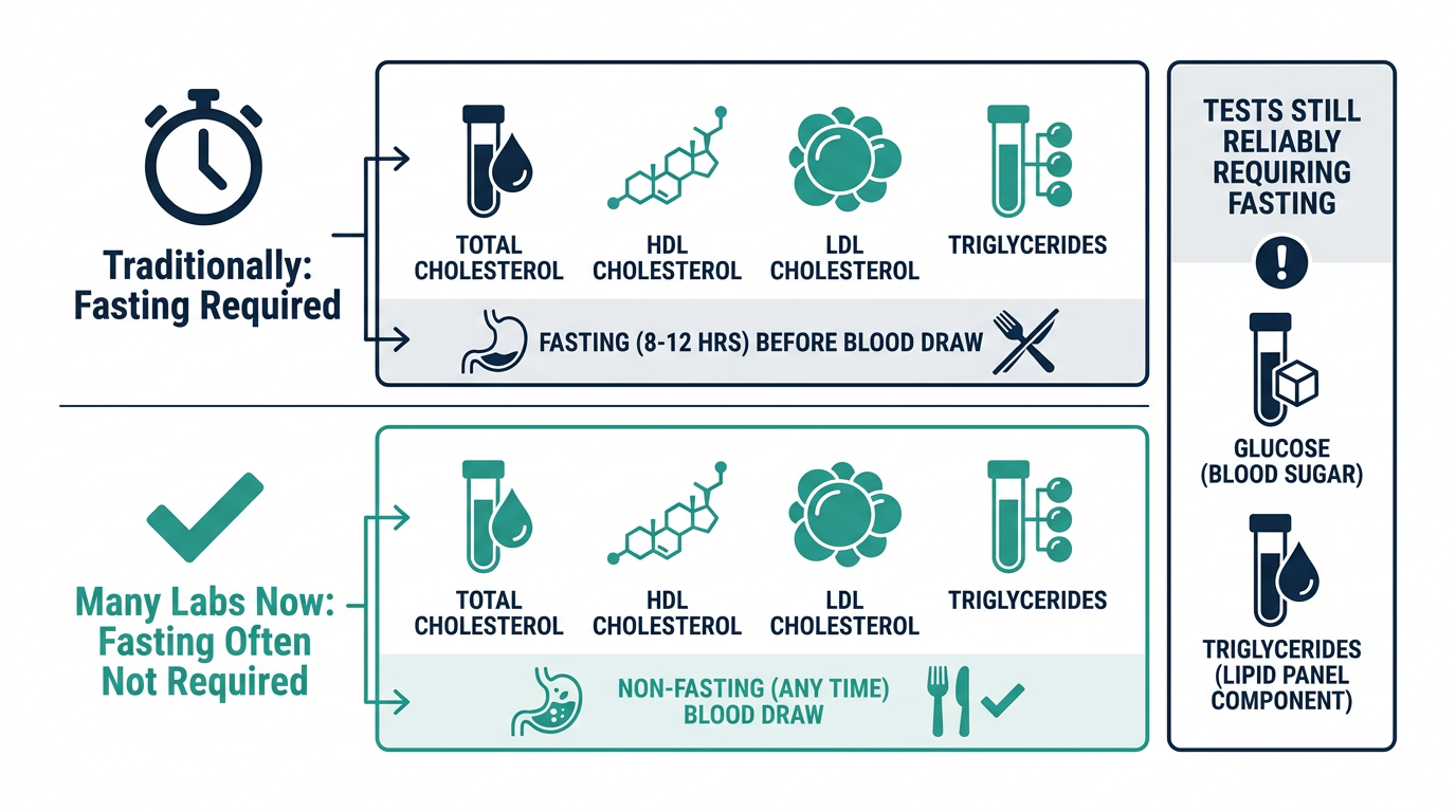 Comparison chart showing traditional fasting requirements for a lipid panel versus updated guidance, alongside tests that still reliably require fasting