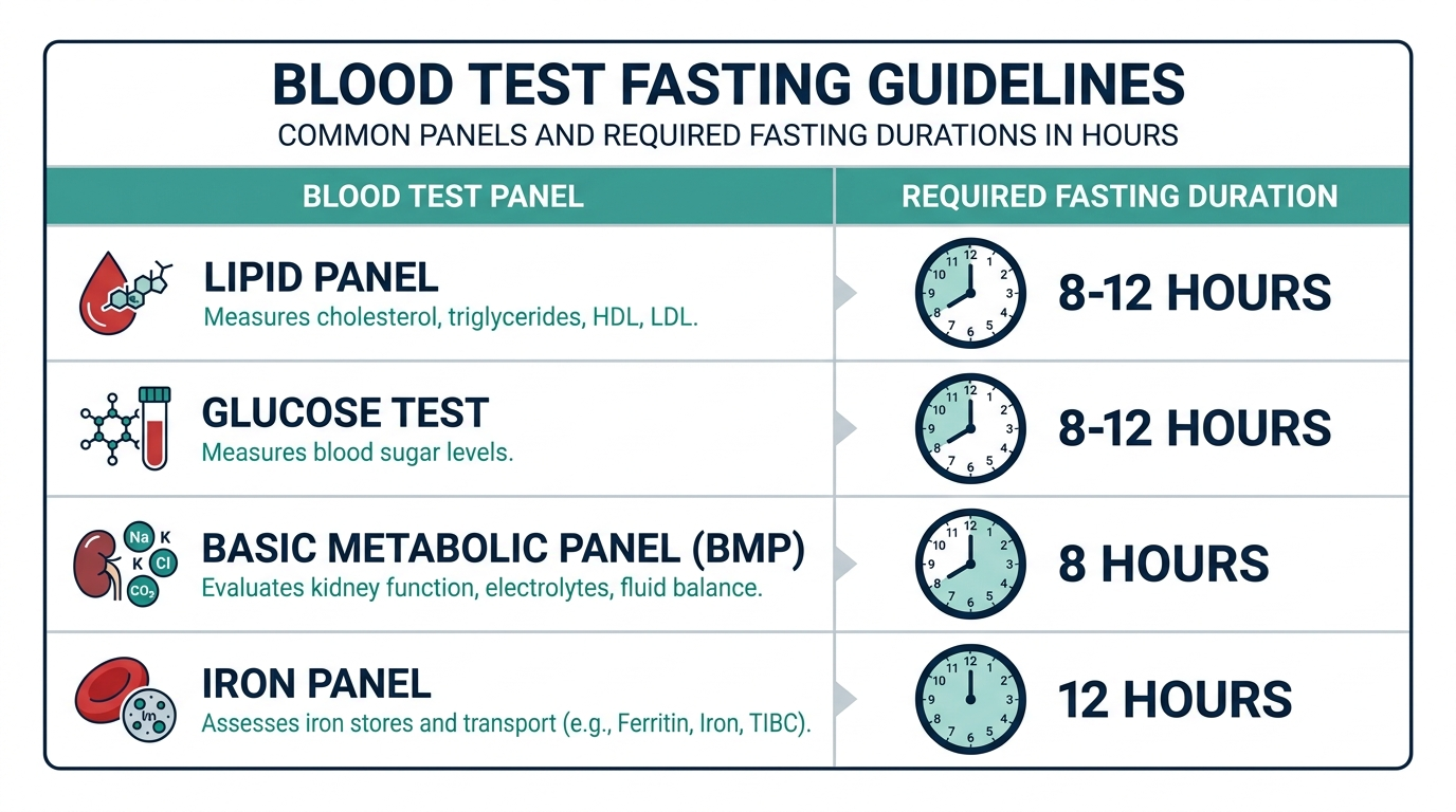 Comparison chart showing different fasting hours required for lipid panel, glucose, basic metabolic panel, and iron panel tests