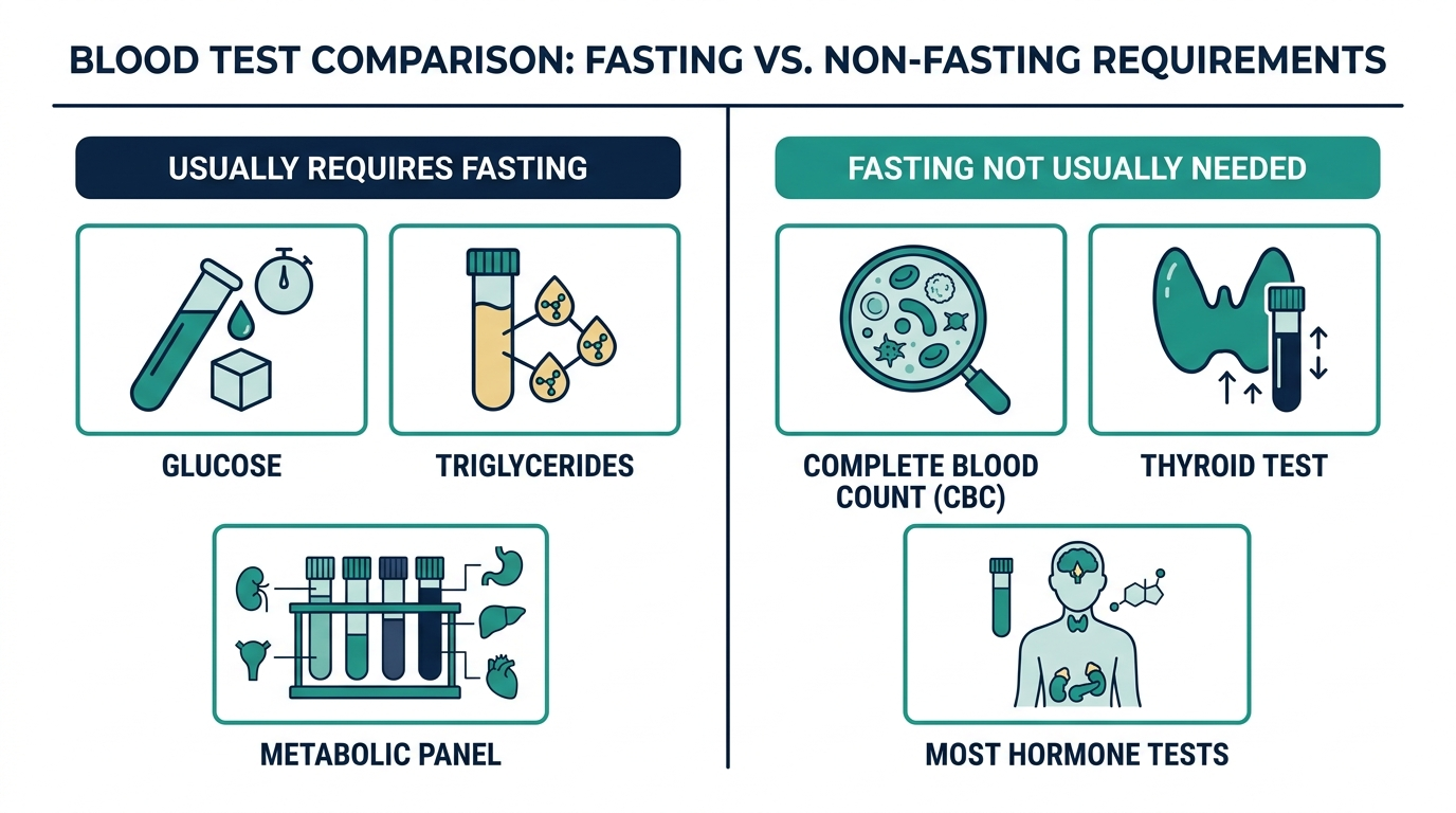 Comparison chart of blood tests that usually require fasting versus tests that usually do not