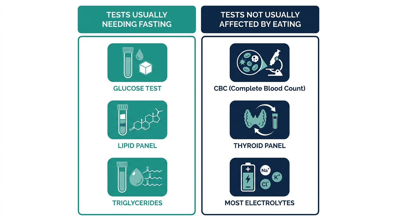 Two column comparison chart of tests that usually need fasting versus tests generally not affected by eating