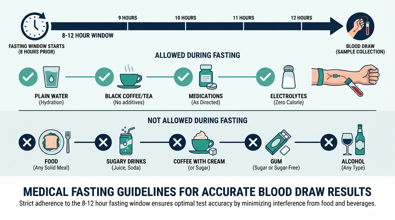 Timeline chart of an 8 to 12 hour fasting window showing what is allowed versus not allowed before a blood draw