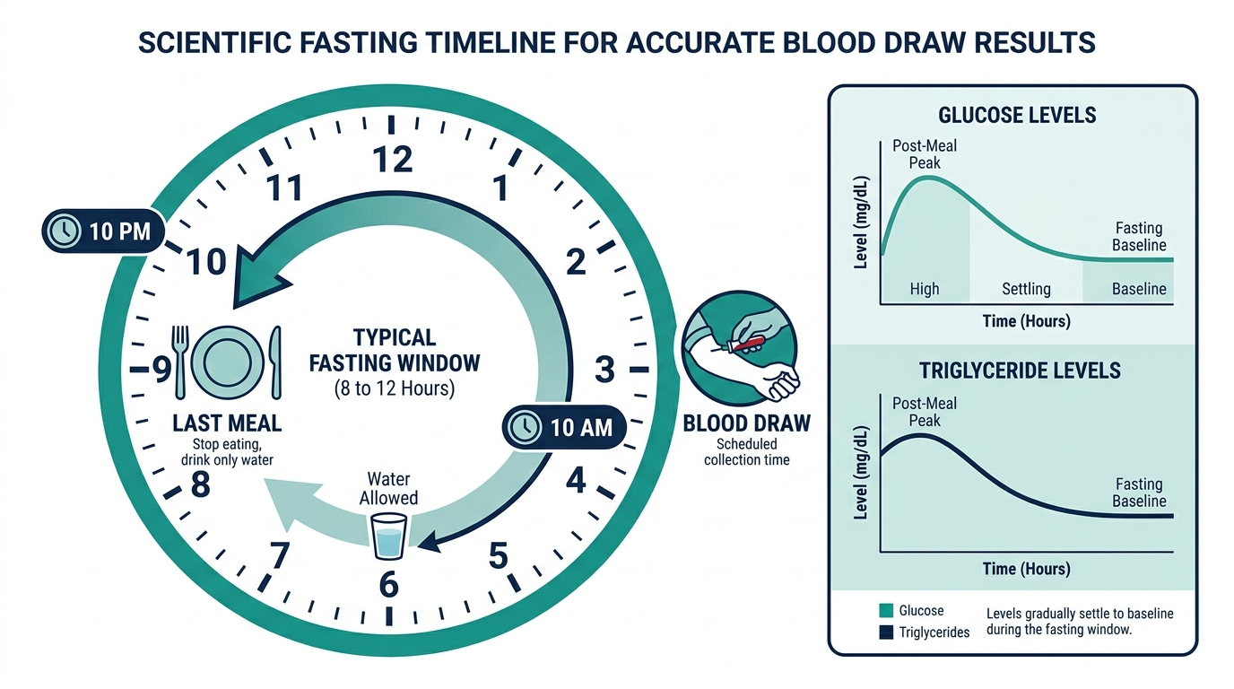 Clock diagram showing an 8 to 12 hour fasting window from last meal to blood draw with glucose and triglycerides settling to baseline