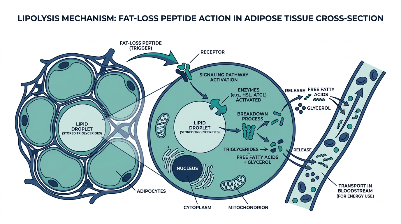Diagram of adipose tissue showing the lipolysis mechanism triggered by a fat-loss peptide