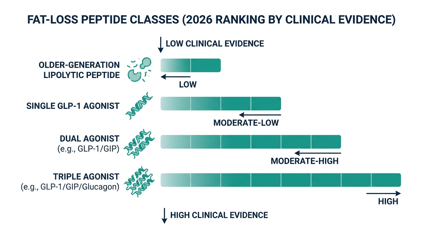 Schematic vertical ranking chart of fat-loss peptide classes by clinical-evidence strength for 2026