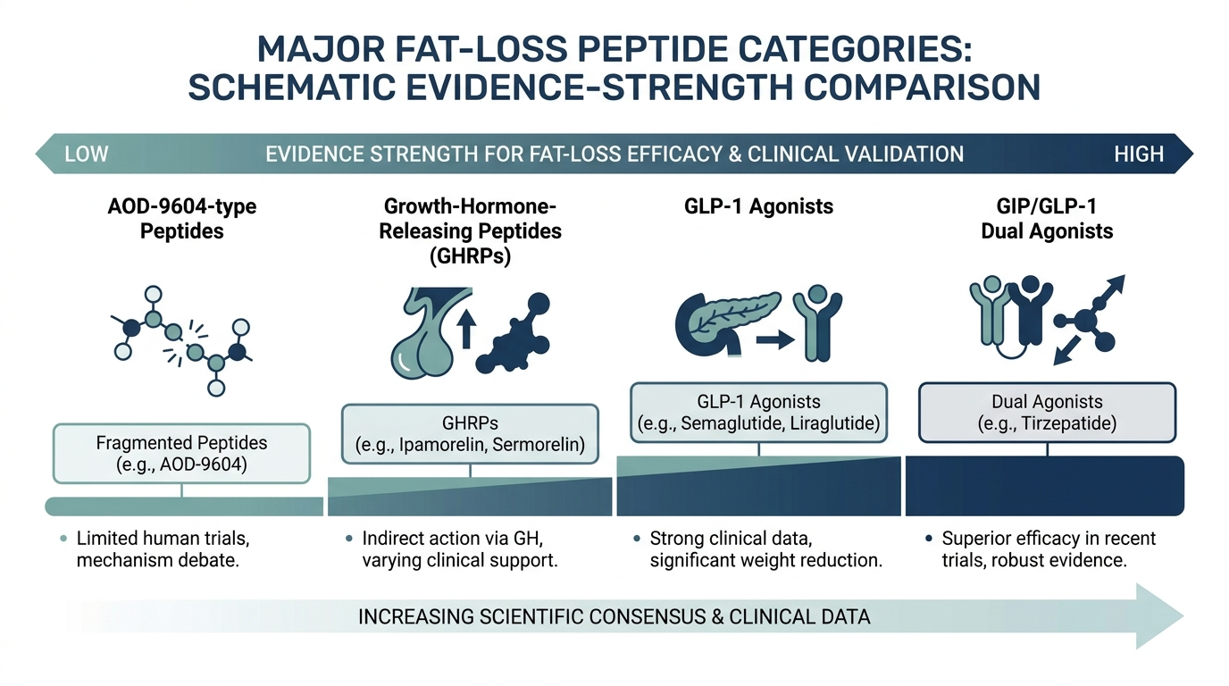 Schematic chart comparing evidence strength across major fat-loss peptide categories
