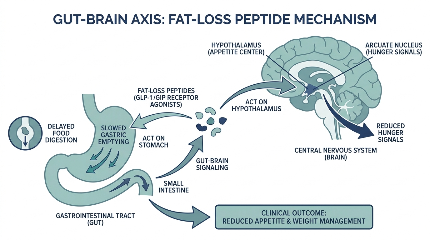 Diagram of the gut-brain axis showing how fat-loss peptides act on the hypothalamus and stomach to reduce appetite