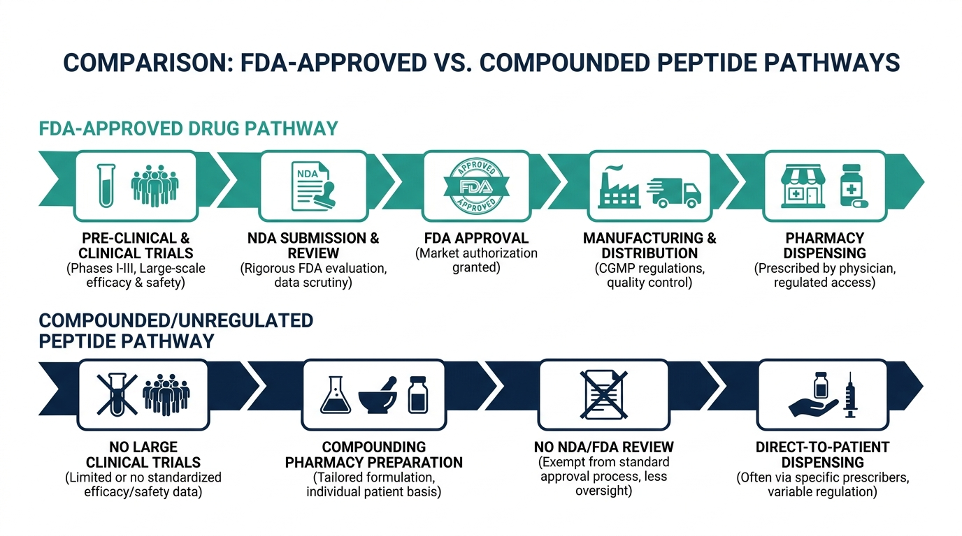 Diagram comparing the FDA-approved drug pathway to the compounded peptide pathway