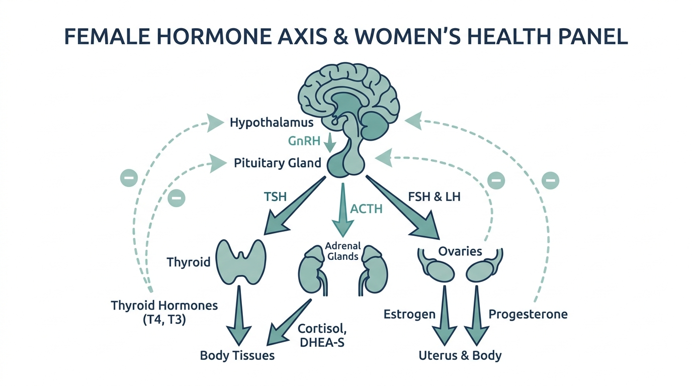 Diagram of the female hormone axis showing hypothalamus, pituitary, thyroid, ovaries, and adrenal glands