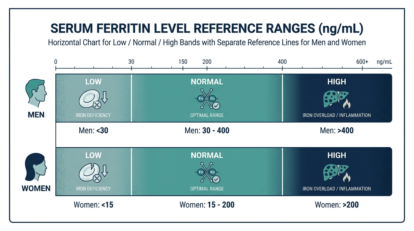Reference range chart showing low, normal, and high ferritin levels for men and women