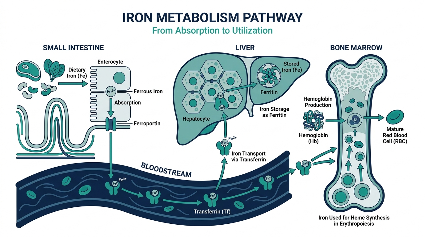 Diagram of iron metabolism showing absorption in the intestine, transferrin transport, ferritin storage in the liver, and use in bone marrow for hemoglobin