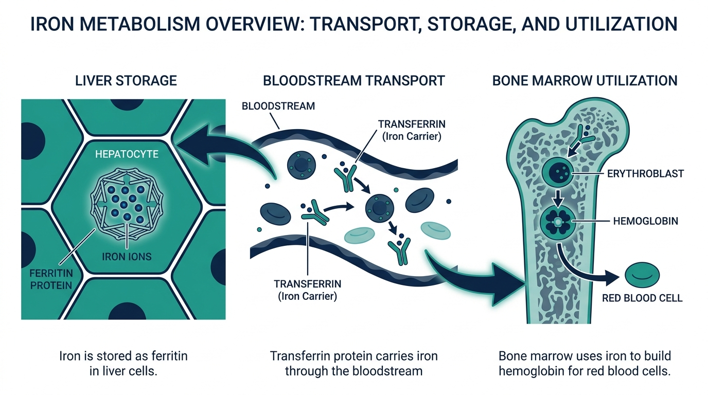 Diagram of iron metabolism showing ferritin storage in the liver, transferrin transport, and bone marrow hemoglobin production