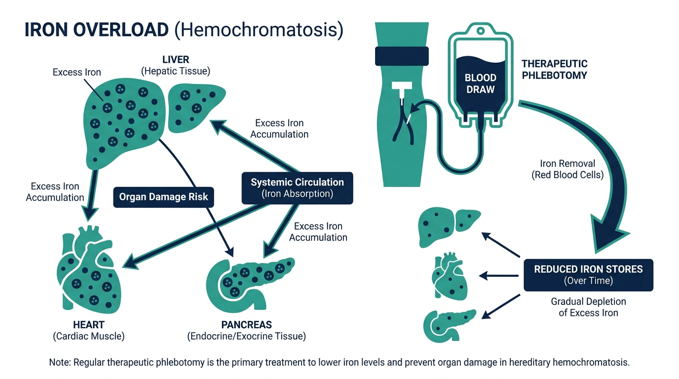 Diagram of iron overload in the liver, heart, and pancreas with therapeutic phlebotomy shown as a treatment to reduce iron stores