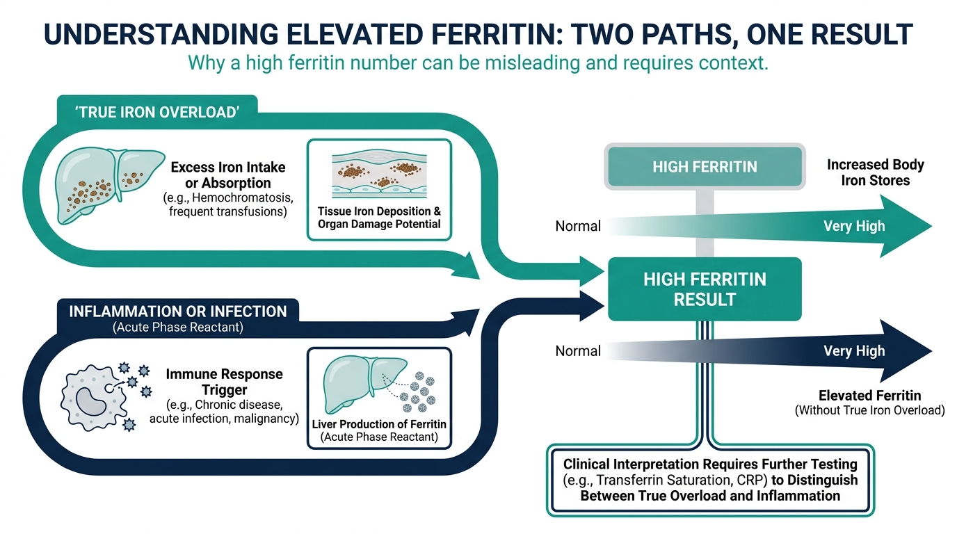 Diagram showing how both true iron overload and inflammation can produce a high ferritin reading