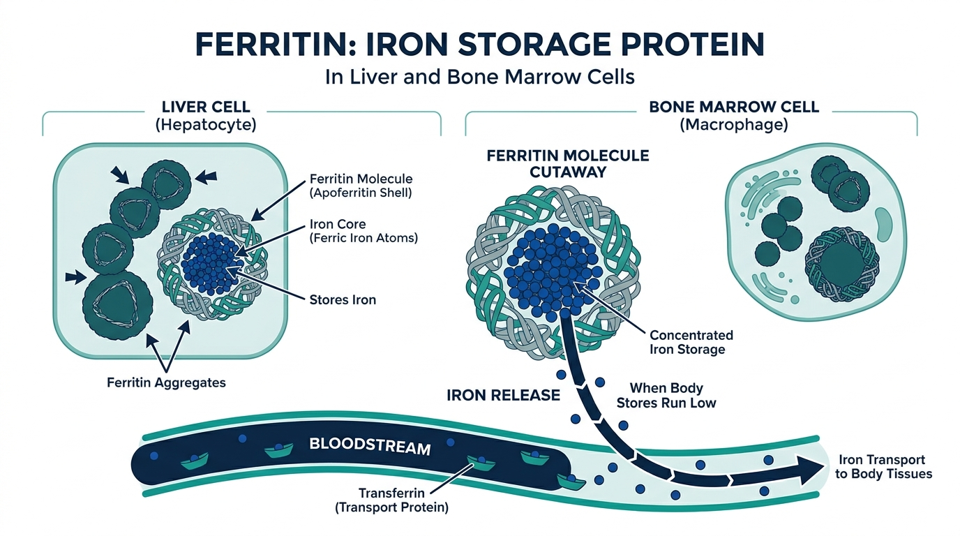 Diagram of a ferritin protein storing iron atoms inside liver and bone marrow cells and releasing them into the bloodstream