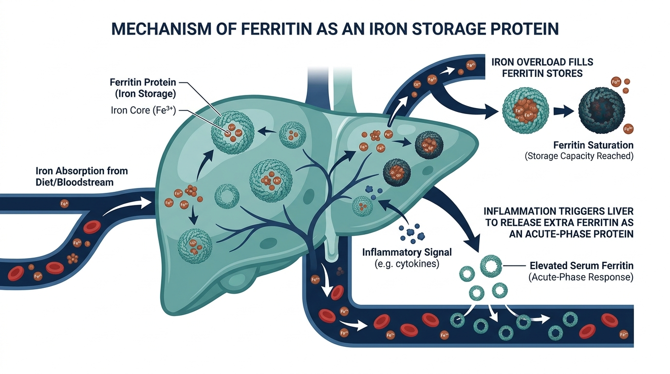 Diagram of ferritin as an iron storage protein in the liver, showing how iron overload and inflammation both raise ferritin levels