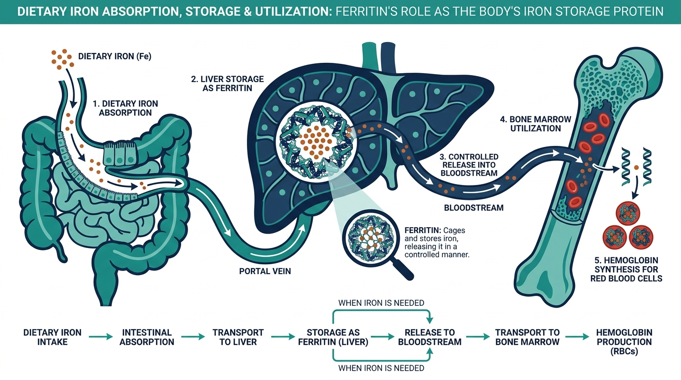 Diagram showing dietary iron absorbed in the gut, stored as ferritin in the liver, and released to make hemoglobin
