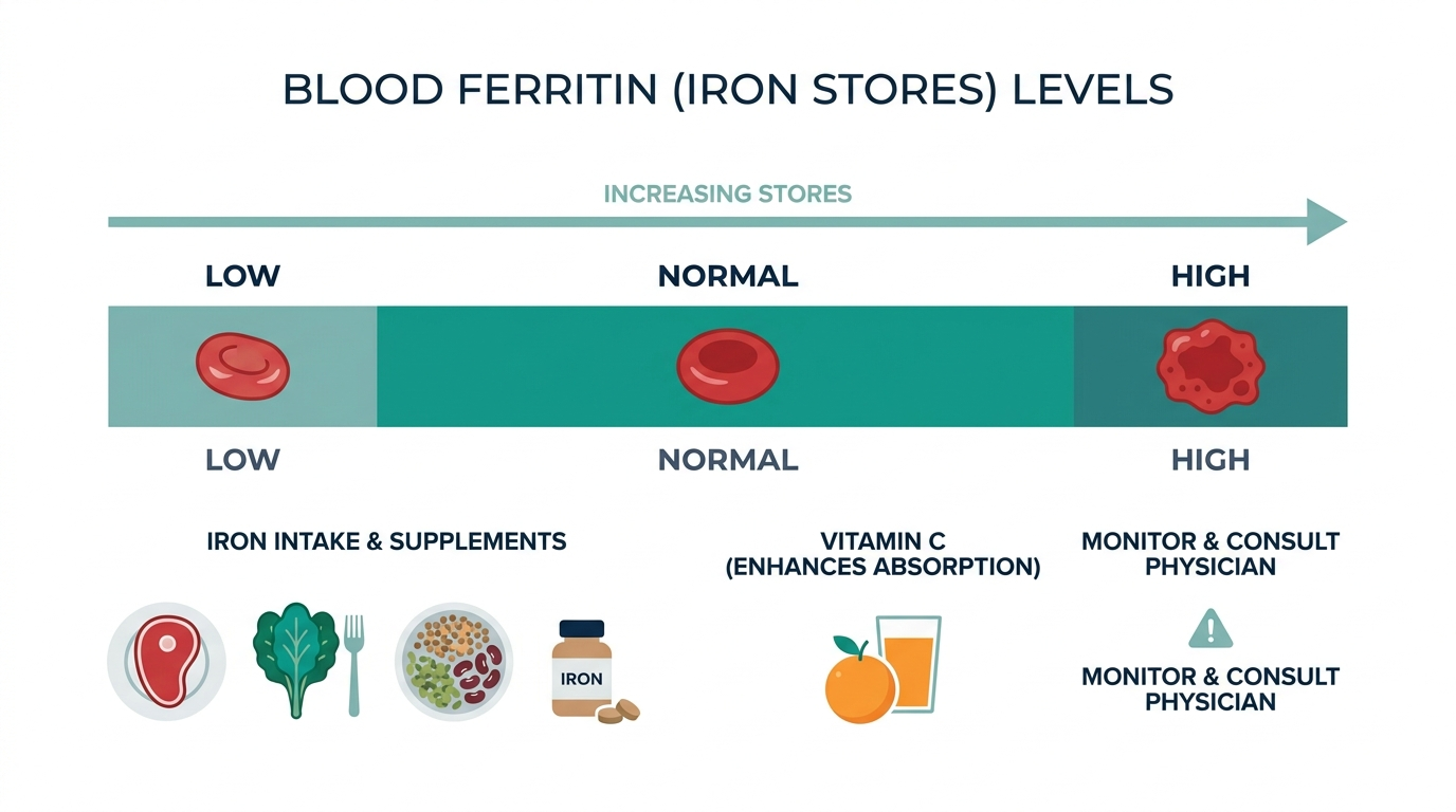 Schematic chart of low, normal, and high ferritin (iron stores) bands with icons for iron-rich foods, vitamin C, and supplements