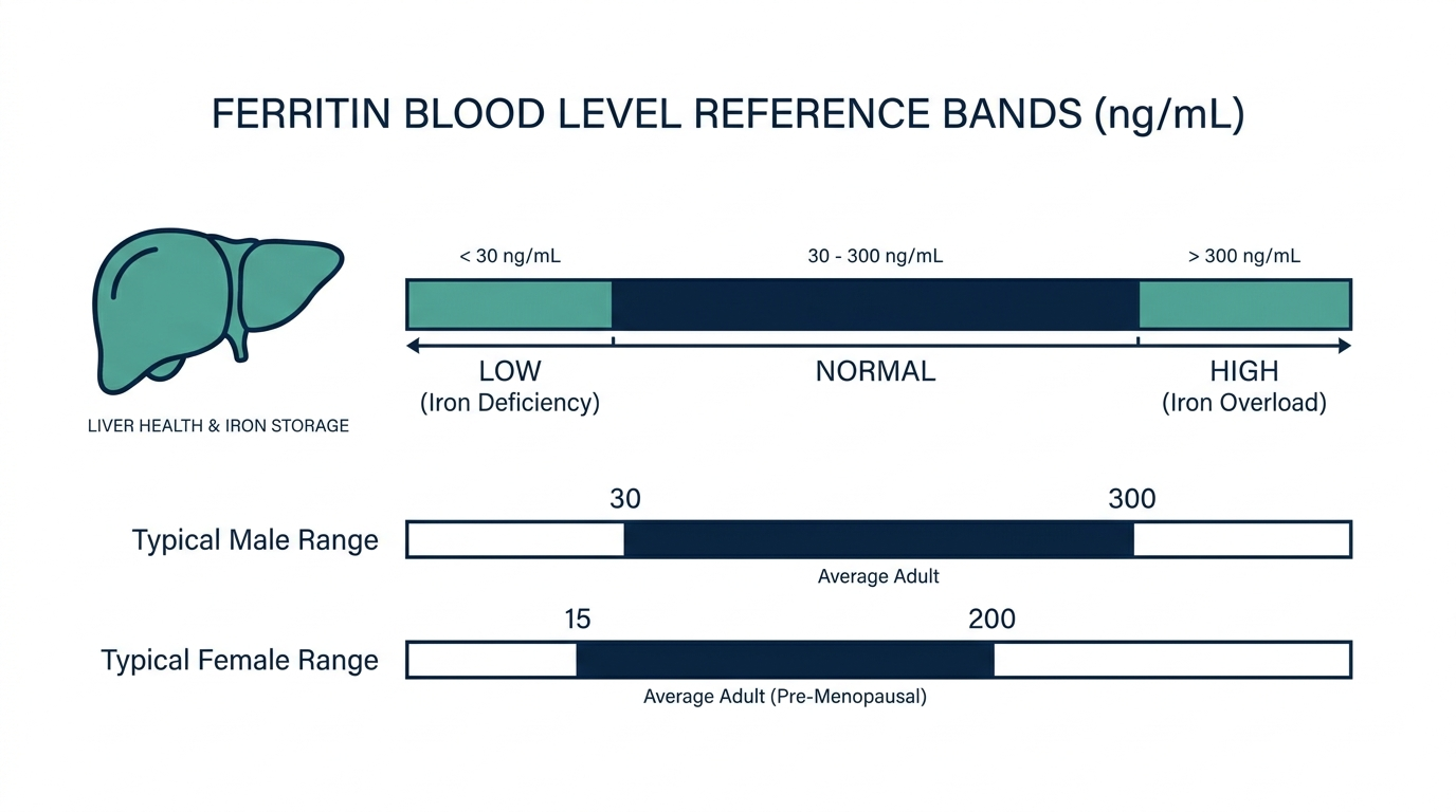 Schematic chart of ferritin reference bands from low iron deficiency to high iron overload, with separate male and female ranges