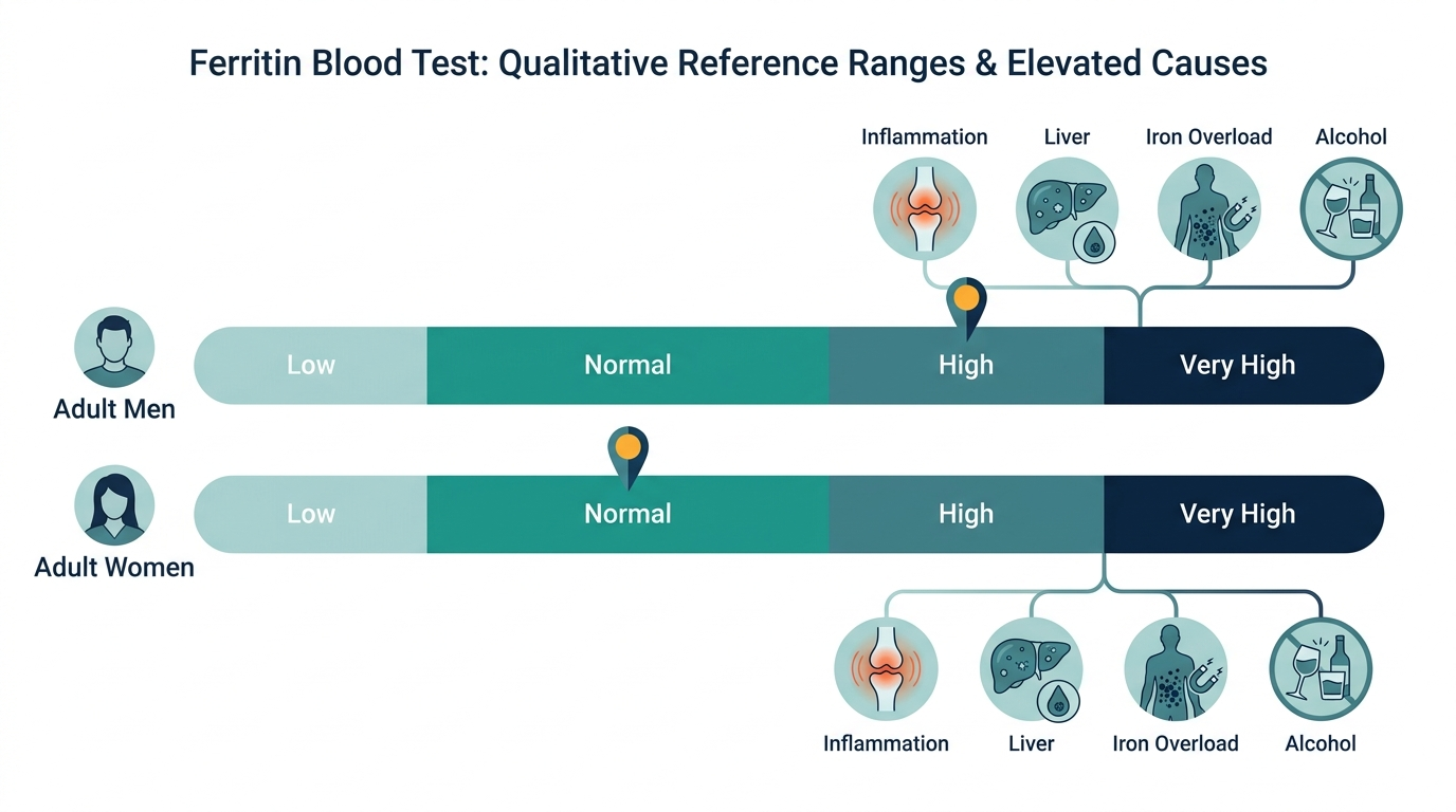 Schematic chart showing ferritin reference range bands from low to very high, with common causes of elevated ferritin
