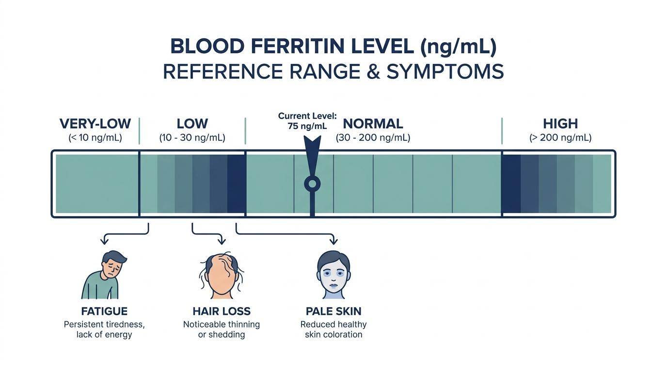 Reference range chart showing very-low, low, normal, and high bands for blood ferritin level in ng/mL with iron deficiency symptoms
