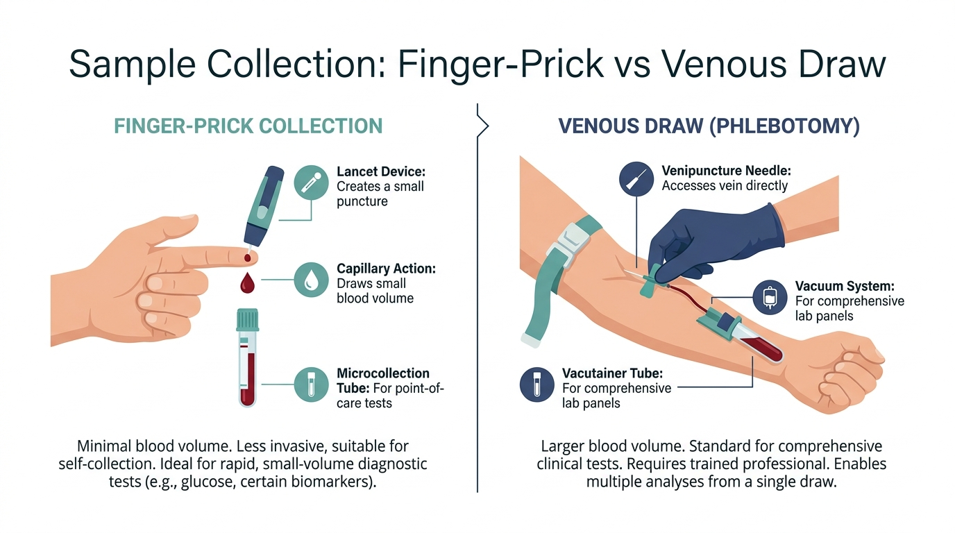 Side-by-side diagram comparing finger-prick capillary collection and venous blood draw