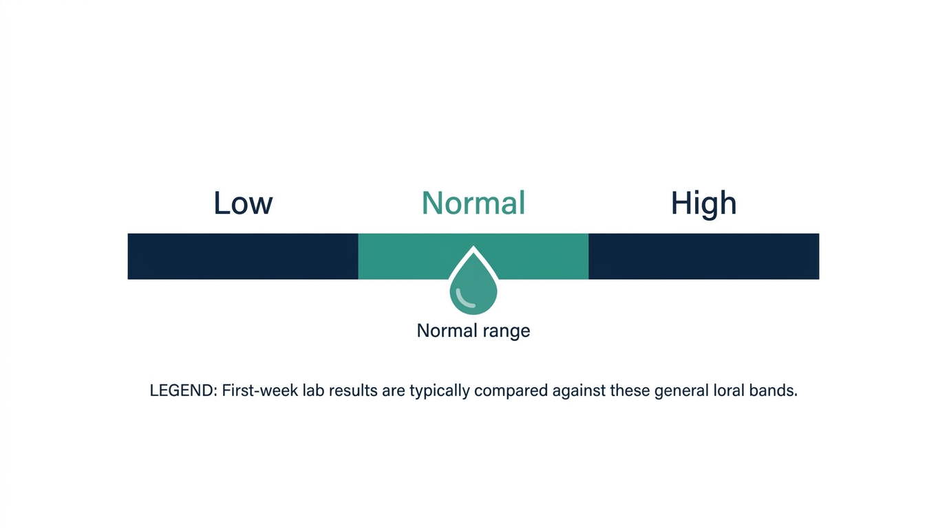 Schematic reference-range bar showing Low, Normal, and High bands with a marker in the Normal range
