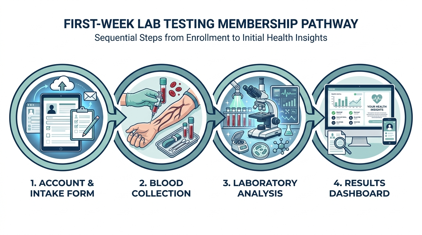 Four-step pathway diagram of the first-week process: account intake, blood draw, lab analysis, and results dashboard