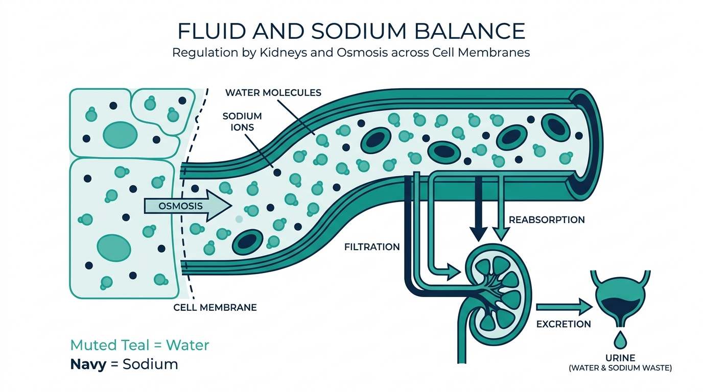 Diagram of fluid and sodium balance showing osmosis and kidney regulation of water and sodium