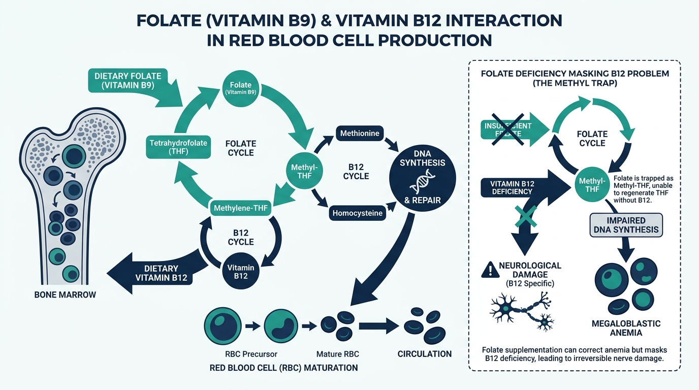 Diagram of folate and vitamin B12 working together in red blood cell production and DNA synthesis