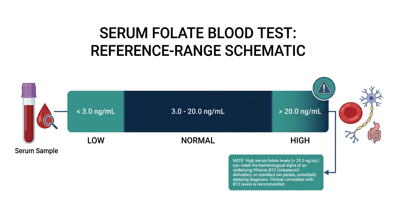 Schematic chart showing low, normal, and high folate reference bands with a note on masking B12 deficiency