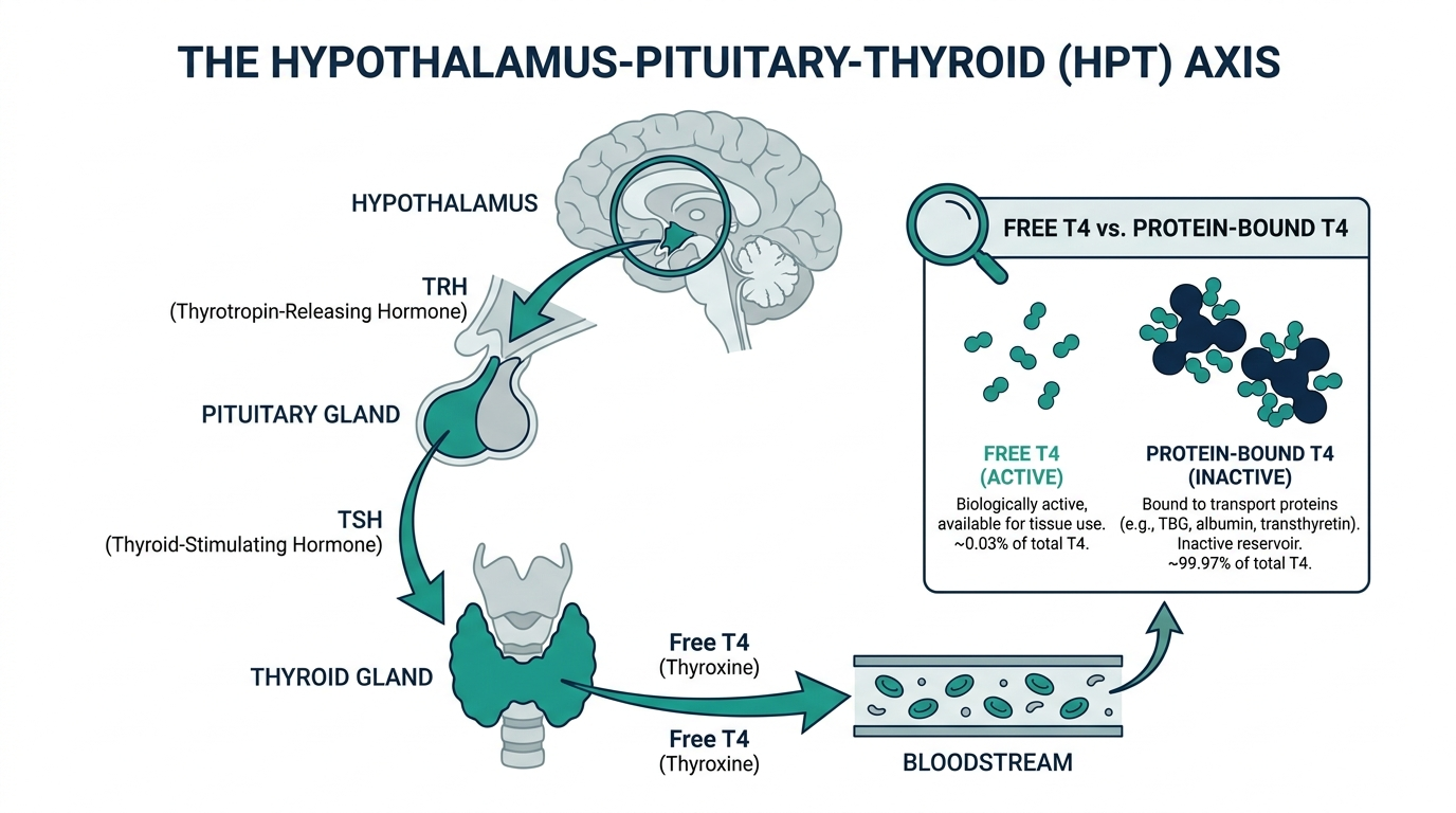 Diagram of the hypothalamus-pituitary-thyroid axis showing TRH, TSH, and thyroid release of Free T4 into the bloodstream