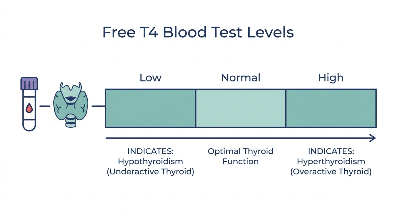 Schematic chart showing low, normal, and high Free T4 blood test reference bands