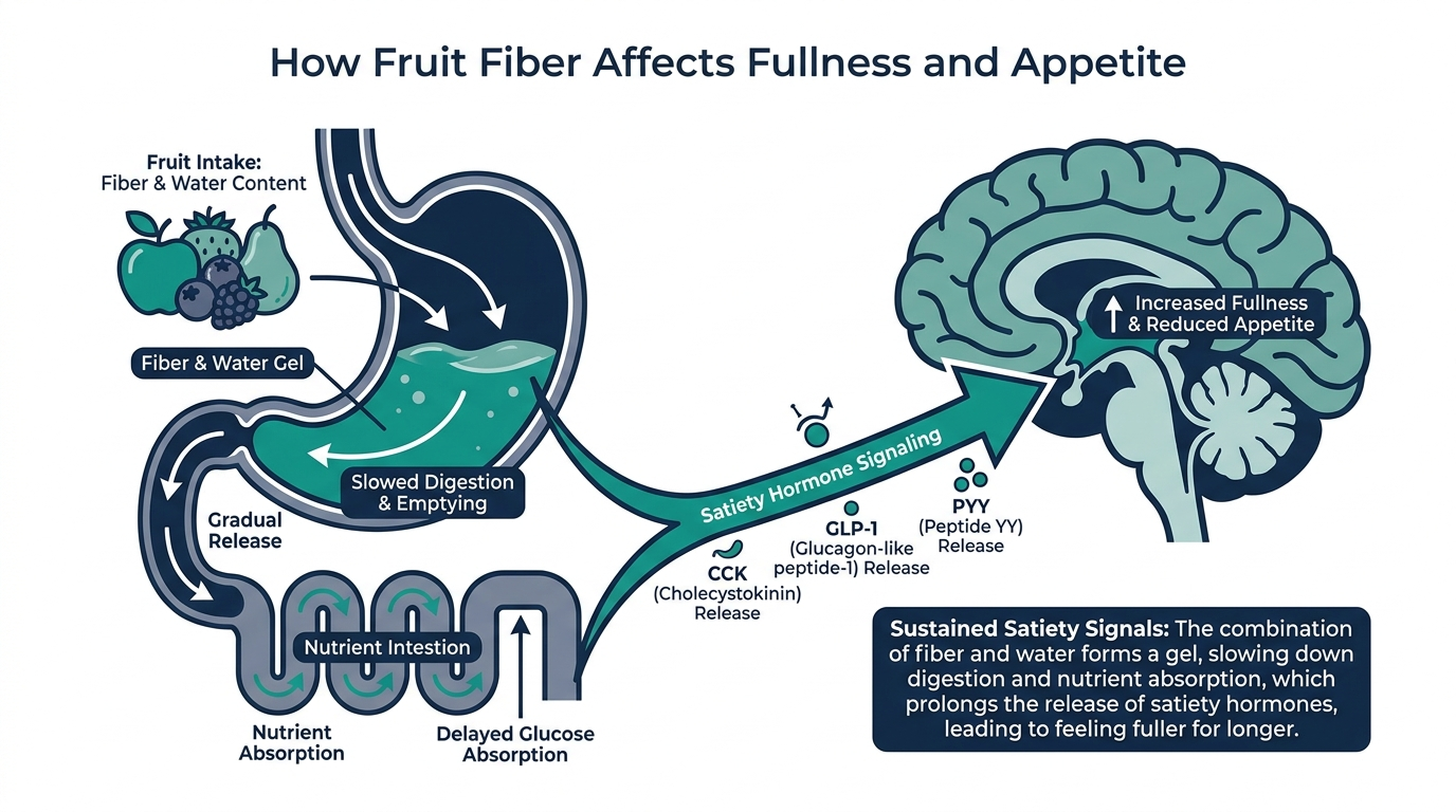 Diagram showing fruit fiber and water content slowing digestion and signaling fullness hormones to the brain