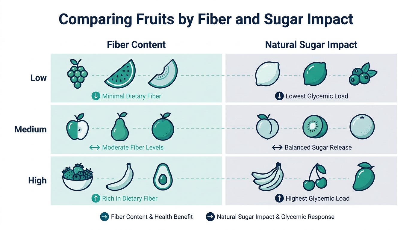 Reference chart grouping common fruits into low, medium, and high bands for fiber content and natural sugar impact