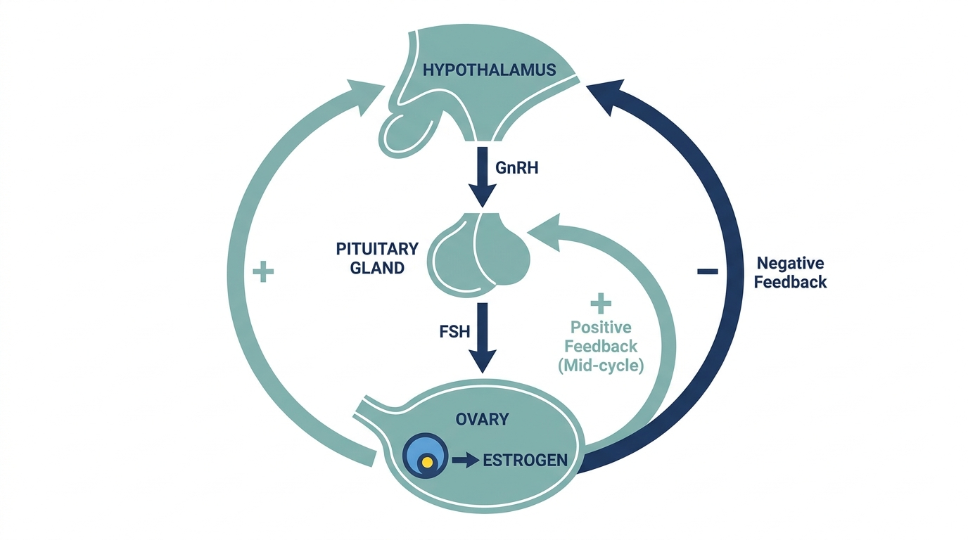 Diagram of the hypothalamic-pituitary-ovarian axis feedback loop that regulates FSH production